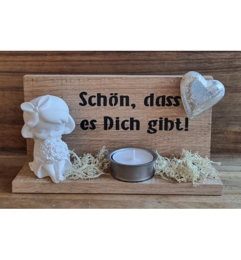 Holz Balken Teelicht "Schön,dass es..."  Mädchen mit Blumen schwarz