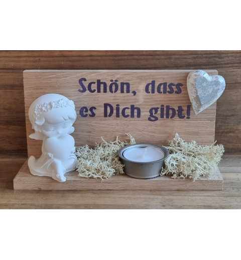 Holz Balken Teelicht "Schön,dass es..."  Mädchen mit Herz violette