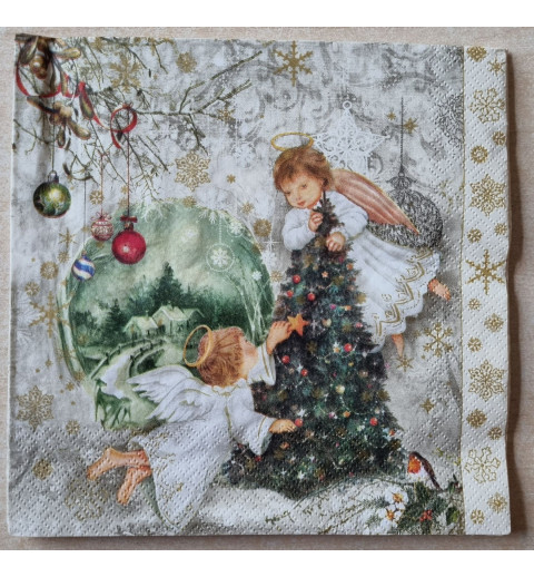 Serviette  Zwei Engel und Weihnachtsbaum