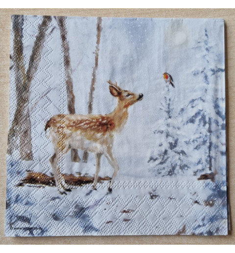 Serviette  Reh im Wald/Schnee/Vogel