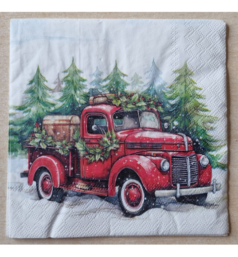 Serviette  Rotes Auto im Schnee/Tannenbäume