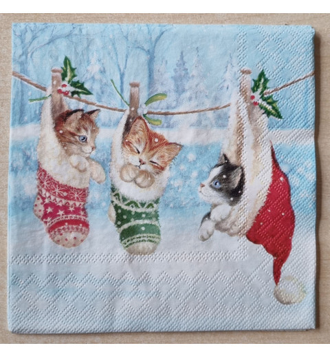 Serviette  Drei Katzen in Socken/Schnee