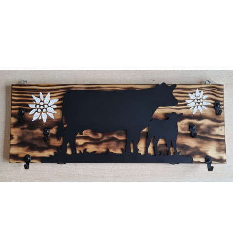 Schlüsselgarderobe geflammt Kuh mit Kalb/Edelweiss gross