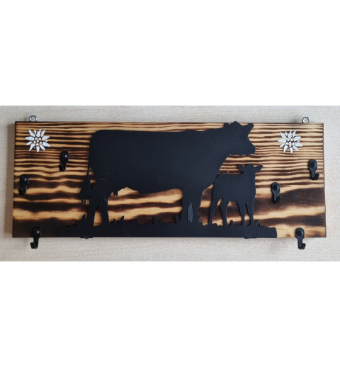 Schlüsselgarderobe geflammt Kuh mit Kalb/Edelweiss klein