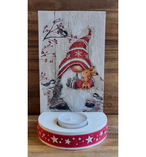 Teelicht mit Holzschild Wichtel/Kaninchen