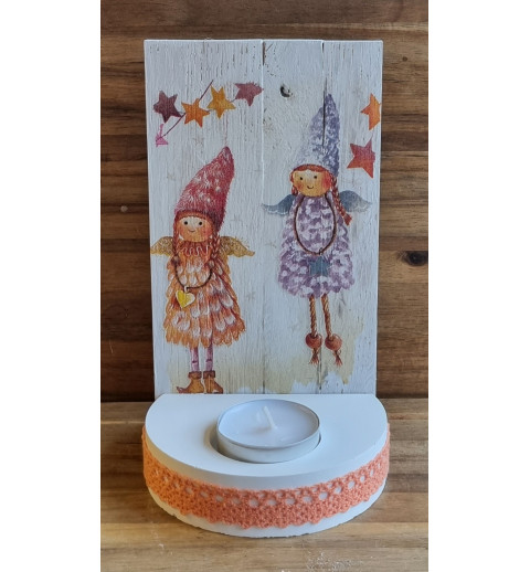 Teelicht mit Holzschild Zwei Engel orange