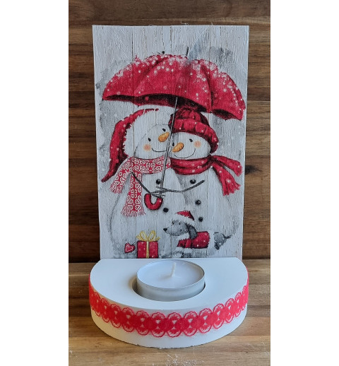 Teelicht mit Holzschild Schneemann Pärchen/Regenschirm