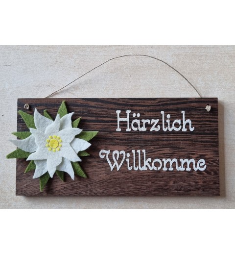 Schild dunkel Härzlich Willkomme/Edelweiss