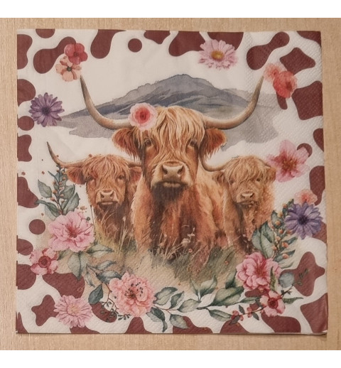 Serviette Drei Hochlandrinder/Blumen/Berg