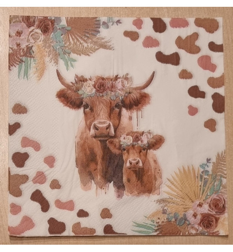 Serviette Hochlandrind mit Jungem/Blumen