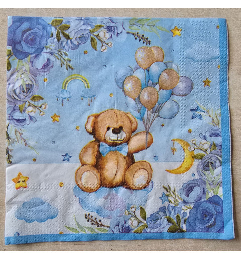 Serviette Teddybär/Luftballons blau