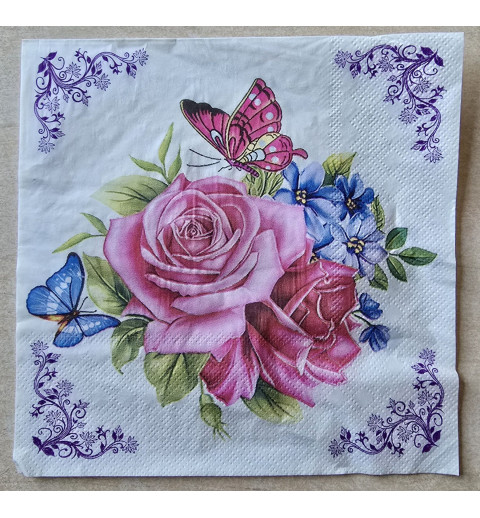 Serviette Rosen pink-rosa/Schmetterlinge