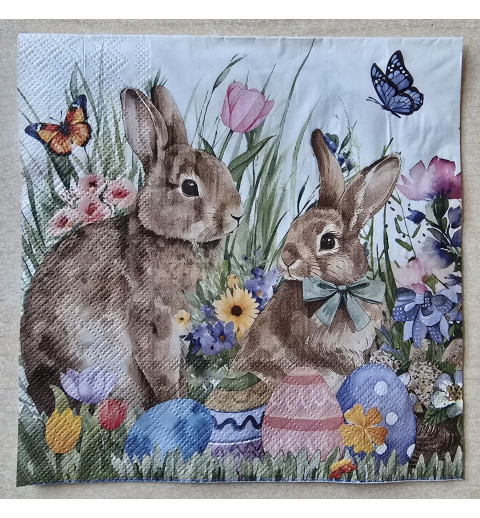 Serviette Zwei Kaninchen/Eier/Schmetterlinge