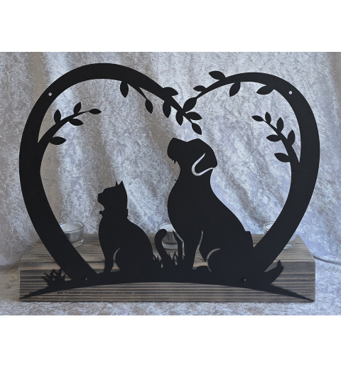Teelicht Balken Metall Herz/Hund und Katze schwarz