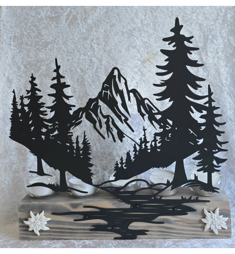 Teelicht Balken Metall Wald/Berge schwarz