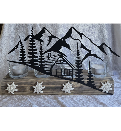Teelicht Balken Metall Berge/Haus/Wald schwarz