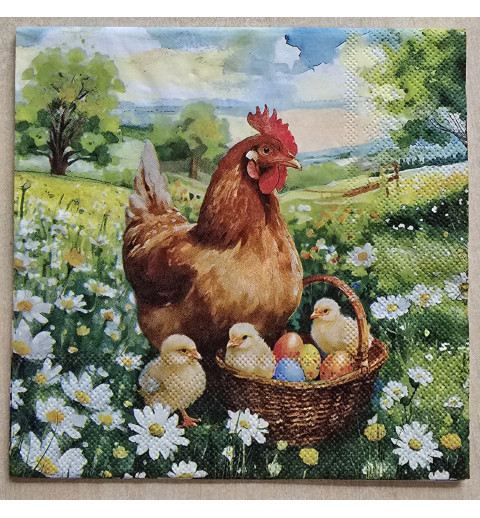 Serviette " Huhn mit Küken/Ostereier/Wiese "