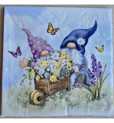 Serviette " Zwei Wichtel/Schubkarre/Blumen "
