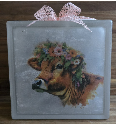 Glasbaustein  Kuh mit Blumenkranz/rosa