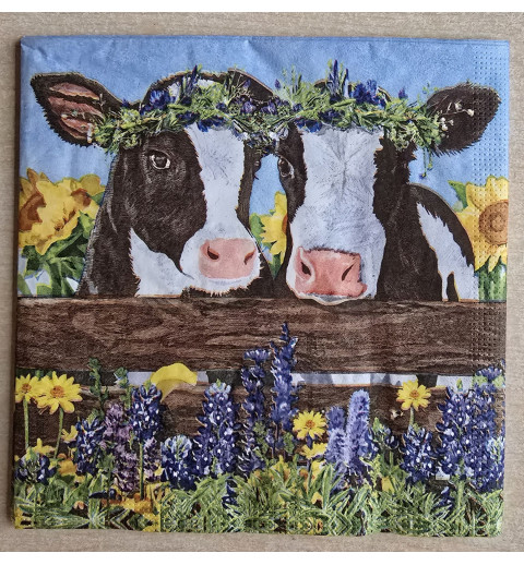 Serviette Zwei Kühe schwarz-weiss/Blumen