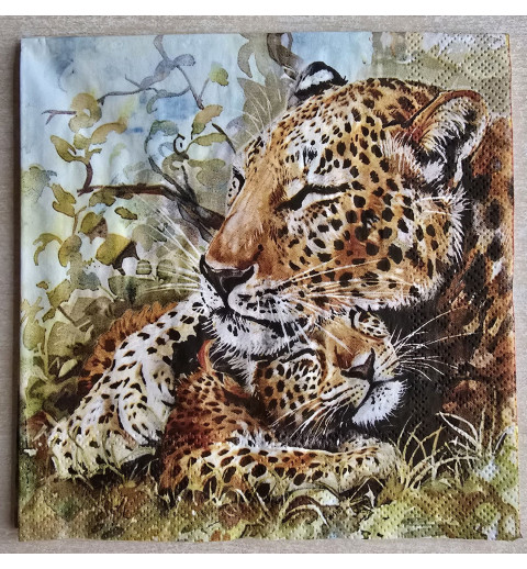 Serviette Leopard mit Jungem schlafend