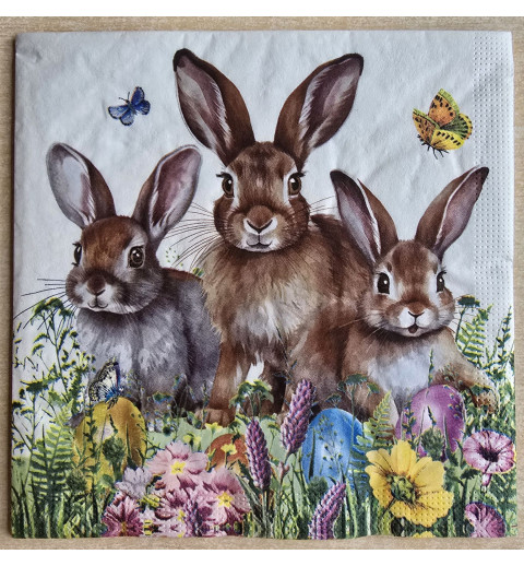 Serviette Drei braune Kaninchen/bunte Eier