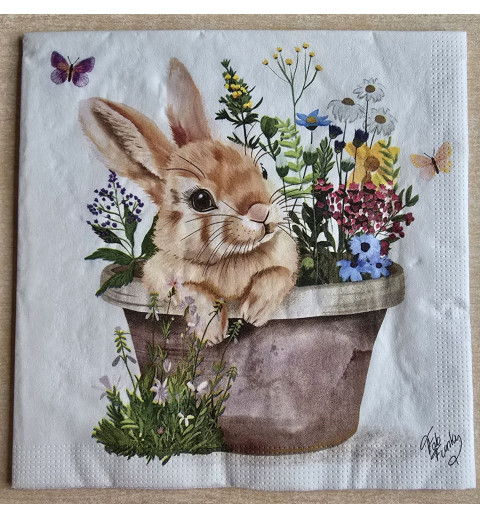 Serviette Kaninchen im Blumentopf