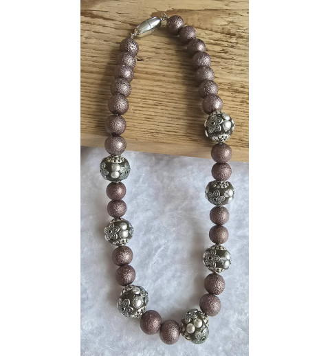 Kette mit Kashmiri Perlen braun/silber