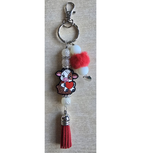 Schlüsselanhänger Kuh mit Herz/rot/weiss