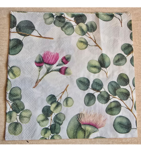 Serviette Blätter grün/Blumen pink