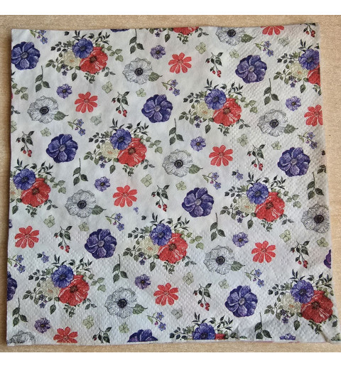 Serviette Blumen blau/rot/weiss