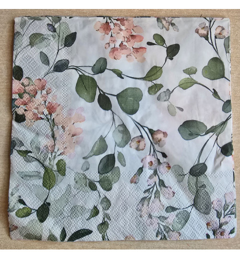 Serviette Blätter grün/Blumen rosa