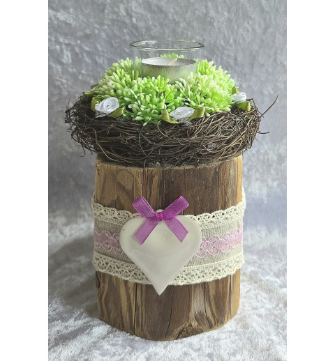 Altholz Teelicht Klotz  Herz/Rosen weiss/rosa