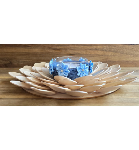 Holzlöffel Teelicht gross Blumen/blau