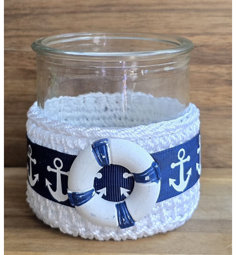 Teelicht Glas Rettungsring/weiss-dunkelblau