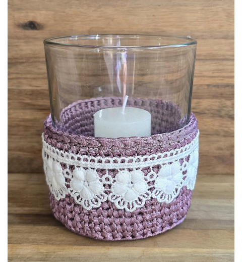 Teelicht Glas Spitzenblumen/mauve-weiss