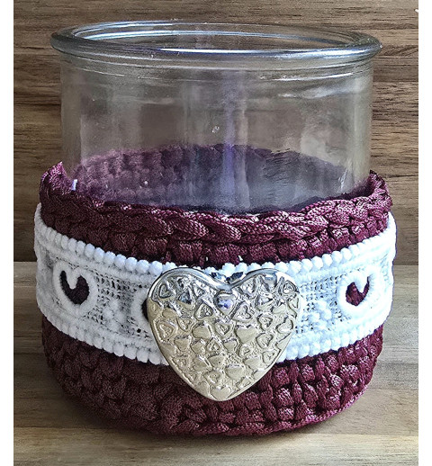 Teelicht Glas Herz silber/bordeaux-weiss