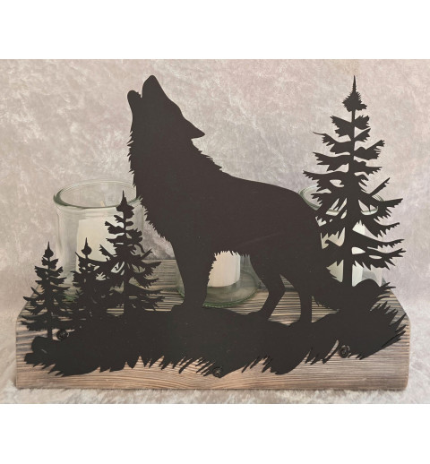 Teelicht Balken Wolf/Tannenbäume