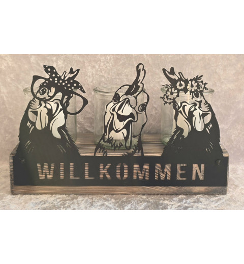 Teelicht Balken Willkommen/Lustige Hühner