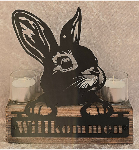 Teelicht Balken Willkommen/Kaninchen Kopf