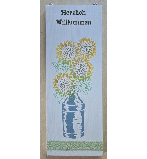 Schild "Herzlich Willkommen"/Sonnenblumen