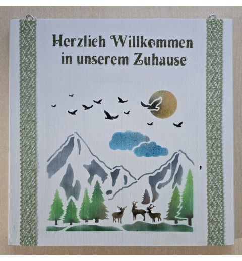 Schild "Herzlich Willkommen"/Hirsche, Berge/grün