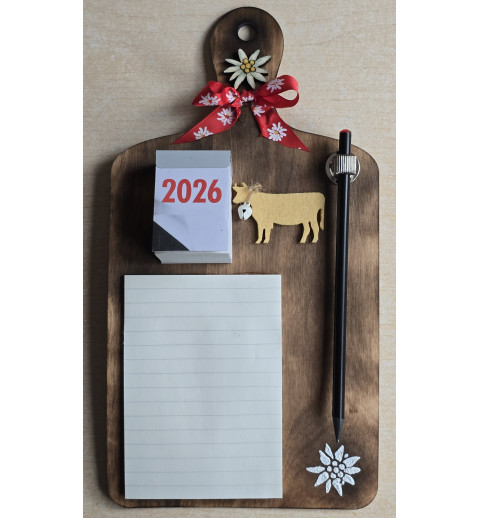 Brettchen mit Notizblock/Kalender 2026 und Bleistift rot
