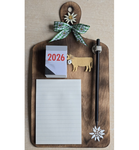 Brettchen mit Notizblock/Kalender 2026 und Bleistift grün