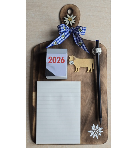 Brettchen mit Notizblock/Kalender 2026 und Bleistift blau