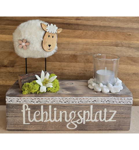 Teelicht Balken "Lieblingsplatz" /Schaf weiss