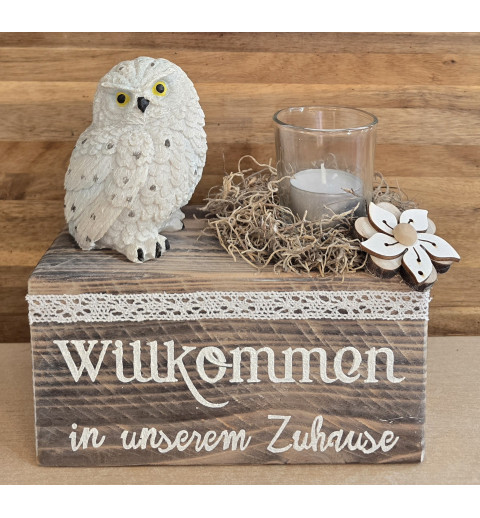 Teelicht Balken "Willkommen " /Eule weiss