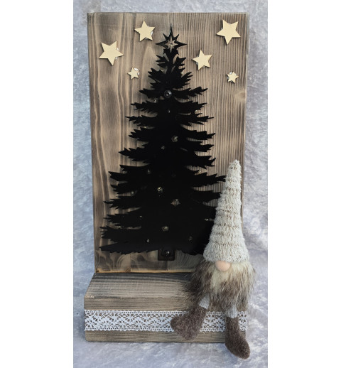 Schild stehend mit Metall Tanne, Led's und Wichtel