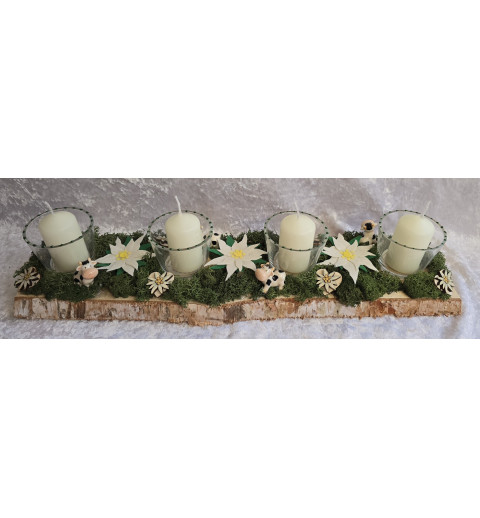 Kerzen Brett Edelweiss und Kühe dunkelgrün