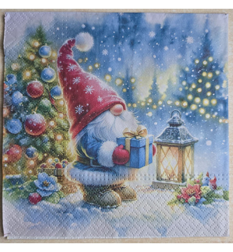 Serviette Wichtel mit Geschenk/Laterne